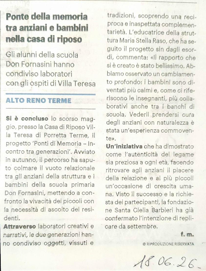 Articolo Resto del Carlino: Ponte della memoria tra anziani e bambini nella casa di riposo - Fondazione S. Clelia Barbieri